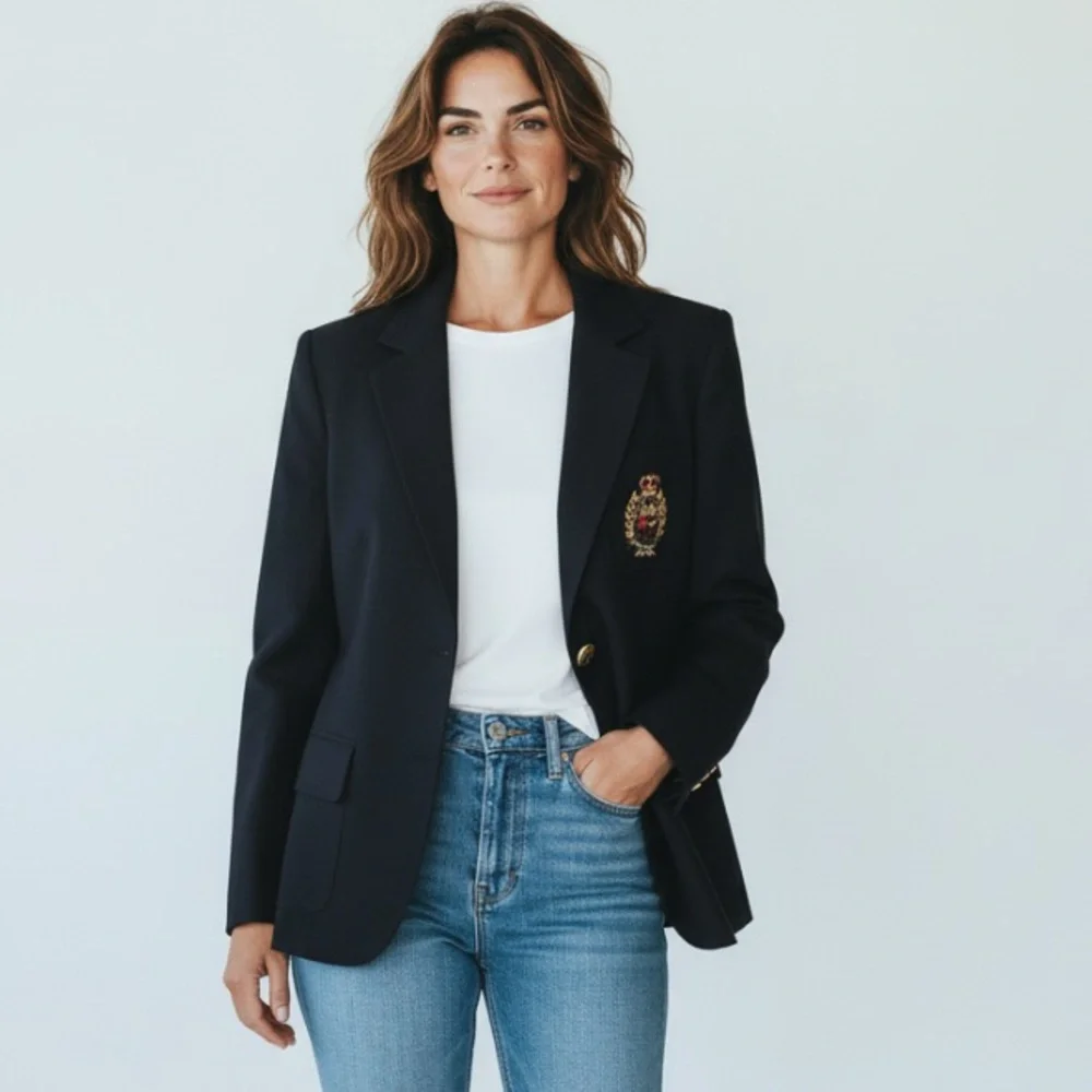 Vintage Ralph Lauren Navy Blue Wool Crest Blazer Gold Buttons Preppy Jacket Sz 6 - Picture 3 of 11